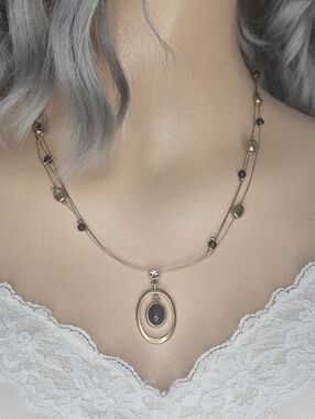 Lia Sophia Gold and Black Double Oval Pendant Necklace 18"